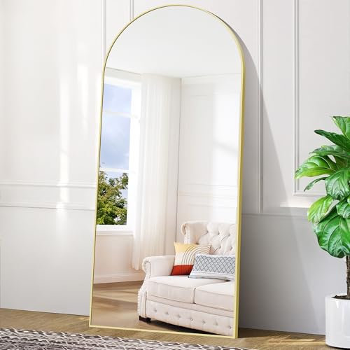 BONEWEI Arched Full Length Mirror, 192x85cm Full Body Free Standing Mirror Gold Aluminium Frame, Large Floor Mirror Standing Hanging or Leaning Against Wall for Bedroom Entry, Living Room