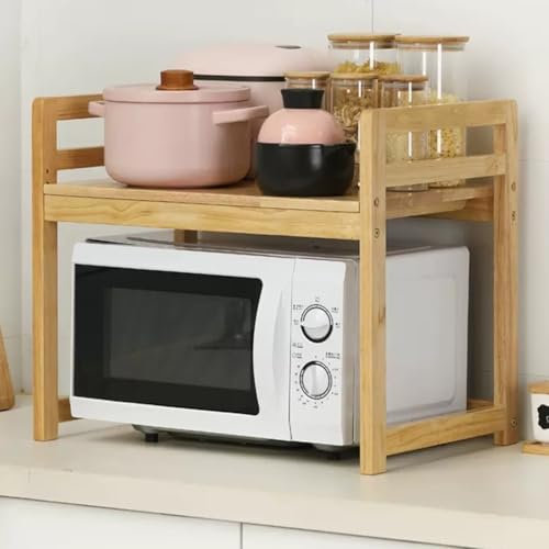 2Tier Heavy Duty Microwave Toaster Shelf Organizer Japanese Style Rubber Wood Oven Rack for Kitchen Counter Natural Color