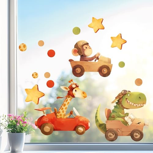 Sunnywall Fensterbilder Herbst für Kinder Tiermotive in Holz-Optik | Autos & Tiere als statisch haftende Fenstersticker, WIEDERVERWENDBAR (Krokodil, Giraffe & Affe, DIN A4 Bogen)