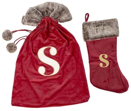Celebright Matching Christmas Sack and Stocking Set with Embroidered Letter 'S' - Festive Holiday Décor for a Memorable Celebration - Faux Fur - Red