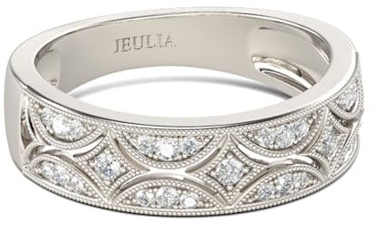 Jeulia 925 Sterling Silber Moissanit Diamant Ring Milgrain Rundschliff Damen Band Jubiläum Versprechen Ringe mit Schmuckschatulle für Sie Frauen Mädchen (Silber, 53(16.9))