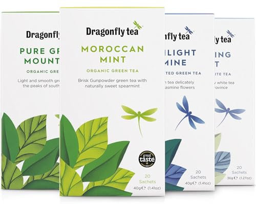 Dragonfly Tea Green Collection, 4x20 (80 Teabags) Organic Herbal Tea Selection Box, Gift Set, incl. 4 Distinct Flavours, For Women & Men