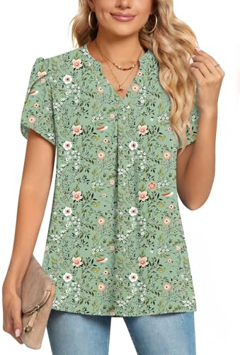 POPYOUNG Womens Summer Casual Chiffon Petal Sleeves Office Blouses V Neck Business Tops Work Shirts 2XL, Green Mix Floral