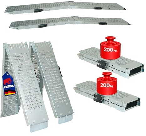 PROREGAL 2X Auffahrrampe TITAN klappbar 400kg: 200kg pro Laderampe, 22,5x165x4,5cm für PKW Anhänger Motorrad Rollstuhl Rasentraktor Fahrrad e-Bike rutschfeste Oberfläche, faltbar Verzinkt Verladerampe