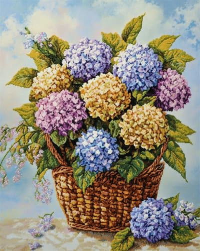 RKFLGEW 14CT Kreuzstich Set Vorgedruckt Blumen Im Korb Stickset Bunte Hortensien Kreuzstich Starter Kit Für Erwachsene Diy Nadelspitze Sets Stickmuster 30x40cm