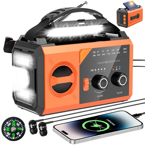 30000mAh Bluetooth Radio Solar de Emergencia con Manivela, Am/FM 3 Métodos de Carga 8 en 1 Radio Portátil de Emergencia, SOS, Linterna, Brújula, Lámpara de Lectura