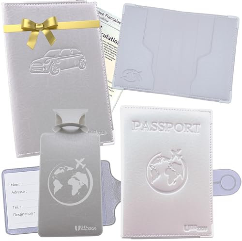 Ugozen Coffret Cadeau Homme ou Femme 5 pièces/Portes-Documents : Carte Grise, Passeport Étui Carte Bancaire RFID Étiquettes à Bagage. Idee à Offrir pour Noel ou Fêtes d’Anniversaire (Ensemble Gris)