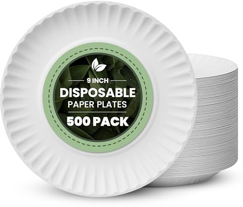 Vivo Technologies 500-Pack of 7-inch Disposable Paper Plates 18cm White 100% Compostable Biodegradable Party Paper Plate Perfect for Everyday use, Ideal for BBQ's, Parties and Events