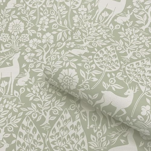 SOPHIE LAURENCE Sage Green Floral Wallpaper Deer Rabbits Leaves Slightly Textured Feature Wall