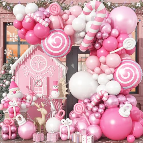 Kit d'arche de ballons de Noël roses, ballons rose pastel, blanc, canne à sucre, menthe poivrée, ballons en aluminium pour décorations de fête de Noël, anniversaire, fête prénatale, fêtes de fin