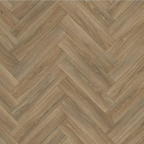 Lino Vinyl Flooring Roll, Traditional Oak Herringbone Wood Plank Effect, Anti-Slip, 2m-3m Width (5m x 2m)