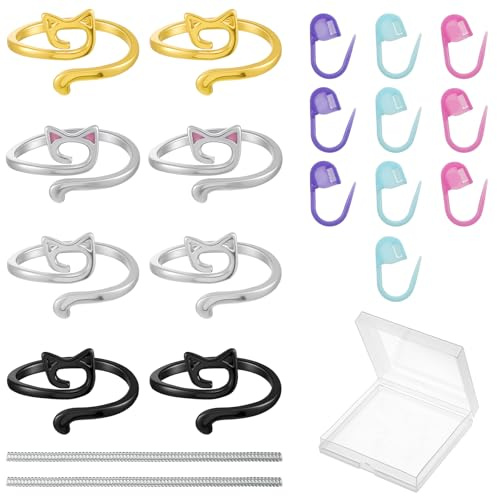 Exircy 8 Stück Häkelring, Verstellbare Häkelringe Finger Set Verstellbare Häkelringe Finger Strick Häkelschlaufenringe für Fingers Offener Strick Fingerring für Mutter Oma Katzenform