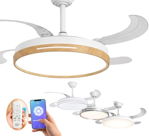 JARDIN202 - Ventilador de Techo con Aspas Retráctiles, Motor DC, Temporizador, WiFi Alexa/Google Home y Luz LED Regulable, Mando a Distancia | 50 cm (Vejer Wifi Madera)