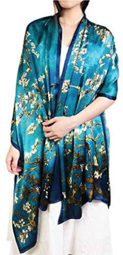 Prettystern 100% Seide Stola blau XXL Oversize Malerei van Gogh Kunstdrucke - Blühende Mandelbaumzweige P318