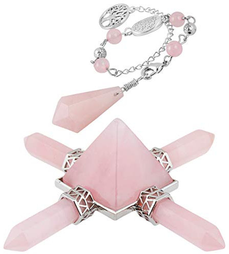 Nupuyai Rose Quartz Healing Crystal Kit, Energy Pyramid with 4 Stone Point Wand Dowsing Pendulum Collection Set Reiki Figurine Decor