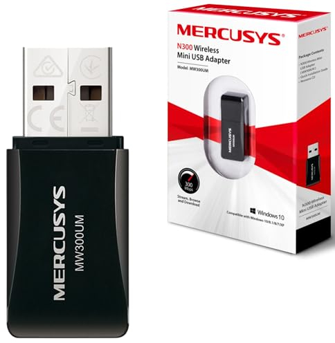 MERCUSYS Dongle Wi-Fi, N300 Mini Adaptador inalámbrico USB Wi-Fi para PC/Escritorio/portátil, Compatible con Windows 10/8.1/8/7/XP (MW300UM)