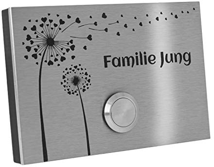 Jung-Edelstahl-Design Aufputz Edelstahl Türklingel London1AG Motiv Pusteblume Klingelschild 12x8 cm. Aufputztürklingel mit LED Klingeltaster aus Edelstahl. Moderne Klingelplatte für Ihre Haustür.