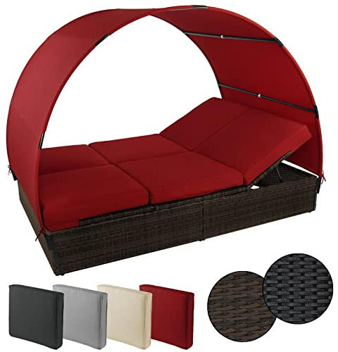 Montafox Sonnenliege Poly Rattan Doppelbett 200 x 140 cm Gartenliege 10cm Auflagen Dach Sonnendach Rücken/Fußelemente Verstellbar Doppelliege, Farbe:Schwarz-Braun meliert/Abendsonne