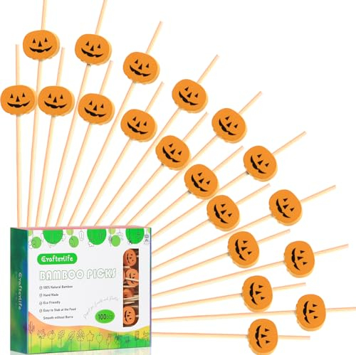 100 Stück Erntedank Kürbis Cocktailspieße Obst Picks Lebensmittel Dessert Zahnstocher Sandwich Vorspeise Charcuterie Spieße, aus Bambus-Holz, für Herbst das Erntedankfest Dekorationen Party Supplies