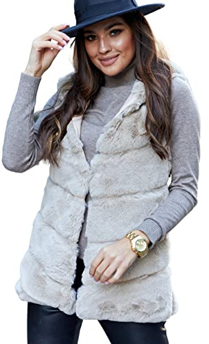 Och Bella Fellweste Damen im Glamour-Stil, Weste Damen mit Kapuze, Weiches und Dickes Kunstfell, Lange Weste Damen Ideal für Kältere Tage, Weste mit Haken Befestigt mit Verdeckten Taschen