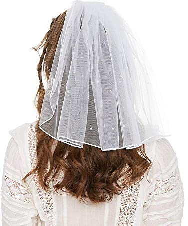 CICILIAYA Brautschleier, Schleier kurz Perlenschleier Elegante Braut Tüll mit Kamm Hochzeitsschleier Hochzeit Kurzer Schleier für JGA Junggesellinnenabschied Hochzeit Zubehör Schleier (weiß)