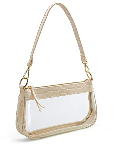 Transparente Schultertasche aus PVC, klassisch, 90er-Jahre-Portemonnaie, für Damen, veganes Leder, Krokodilleder-Tasche, beige, Medium