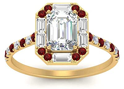 JewelryGift Art Deco Halo Ring im Smaragdschliff gelb vergoldet Erstellter Rubin Smaragdform Halo Verlobungsringe Zinkeneinstellung Größe 63 Schmuck für Freizeitkleidung