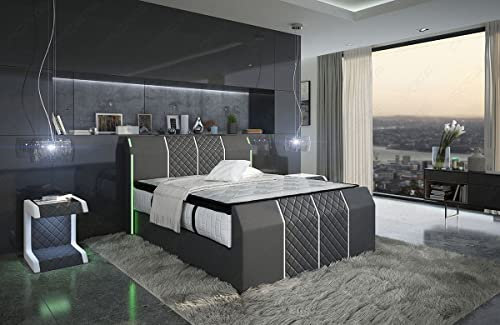 Sofa Dreams Boxspringbett Paris Bettgestell in Leder Stauraum LED Licht Hotelmatratze 140x200 160x200 180x200 200x200 200x220 (140 x 200 cm, Grau-Weiß)