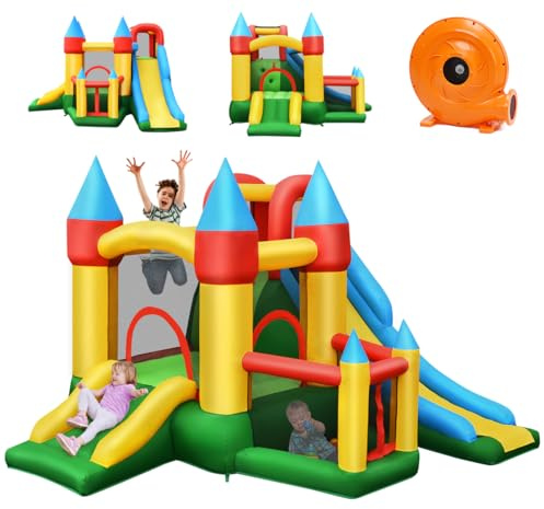 DREAMADE Château Gonflable avec 2 Toboggans, 330 x 300 x 210 cm, Charge Max. 135 kg, pour 3 Enfants 3-10 Ans, Aire de Jeux Extérieur avec Mur d'escalade, Gonfleur 680W Inclus