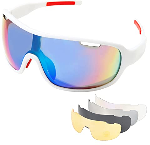SAWUTPV Fahrradbrille Herren Damen Polarisierte mit Sehstärke TR90 Sportbrille Radfahren Winddicht MTB Sonnenbrille 5 Wechselgläser (White)