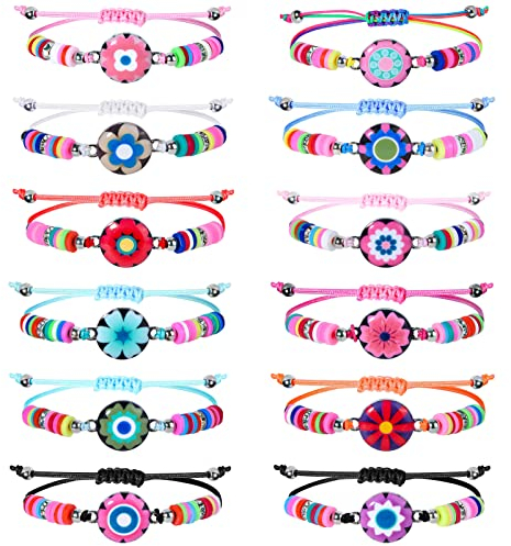 vamei 12 Stück Freundschaftsarmband Kinder Mädchen Armbänder Set Freundschafts Armbänder Verstellbar Kinder mit Blumen Anhänger Polymer Clay Perlen Geburtstagsparty Kindergeburtstag Geschenke