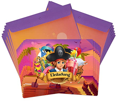 TOBJA® 12x Einladungskarten Kindergeburtstag Pirat inkl. Umschläge - Einladung für Kinder mit Piraten-Motiv | Einladungskarten Geburtstag Jungen | Auch zur Einschulung o. Partyeinladungen