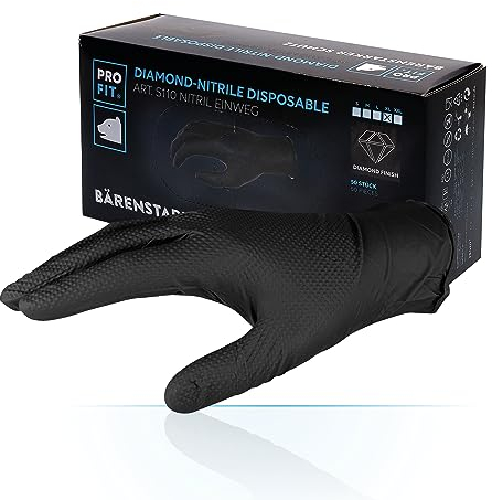 PRO FIT Nitril-Einweghandschuh 50er Pack – Premium Montagehandschuhe, Chemikalienschutzhandschuhe, Diamant-Muster, Latexfrei & ungepudert - 24cm, Schwarz, Gr. L