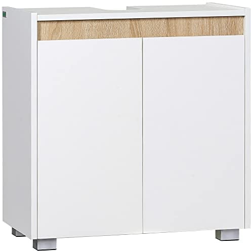 kleankin Mueble para Debajo del Lavabo Armario de Suelo para Baño Armario Bajo con 2 Puertas y Almacenamiento Interior Antivuelco 57x33x60 cm Blanco