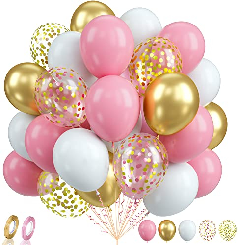 Luftballons Rosa, 60 Stück Rosa Gold Luftballons Geburtstag, 12 Zoll Metallic Gold Konfetti Ballons, Rosa Weiße und Goldene Latexballons für Mädchen Geburtstag Hochzeit Prinzessin Babyparty Deko