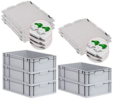 PROREGAL SuperSparSet 5x Eurobox NextGen Economy mit Scharnierdeckel & grünen Verschlüssen | Griffe geschlossen | HxBxT 17x40x60cm | 34 Liter | Eurobehälter Transportbox Transportbehälter