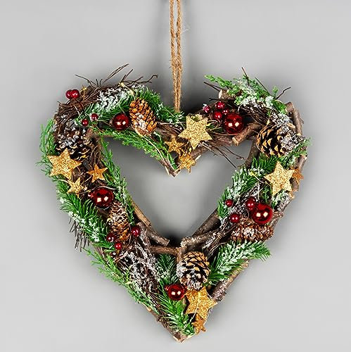 30cm Prelit Heart Wreath Battery Operated - Wooden Twigs Base Decorated with Red Baubles,Berries,Stars,Foliage,Pine Cones, Micro Rice LED Lights - Christmas Home Hanging Decoration