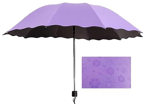 Hearda Regenschirm Manuell, Blumen Erscheinen bei Kontakt mit Wasser - 10 Rippen Taschenschirm Sturmfest Leicht Regenschirm Kompakt Schnelltrockend, Schützt vor Regen und Sonne (Lila)