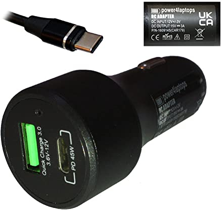 Power4Laptops Adattatore CC Auto Caricabatteria per Tablet Compatibile con Lenovo Smart Tab M10 FHD Plus 2nd Gen