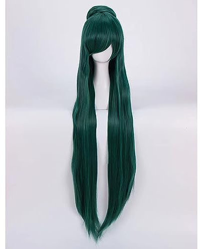 NEZIH Anime Coser Wig Sailor Pluto Perücke Cosplay Perücke Dunkelgrünes, Gespaltenes Langes Haar Synthetik Spiel Anime Kostüm Party Wig Geschenk, Geeignet Für Halloween-Party, Anime-Karneval