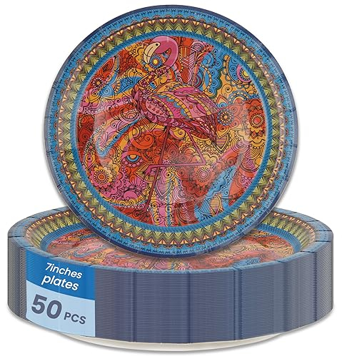 VXYW Lot de 50 assiettes en carton jetables et élégantes pour fêtes à thème tropical, remise de diplôme, anniversaire, mariage, Noël, fête prénuptiale, 17,8 cm