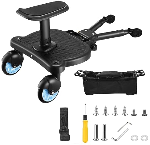 Mevip Planche Poussette Universelle, Marche Pied Poussette, Buggy Board avec Siège, Conception Stable à Deux Roues, pour Enfants de 2 à 6 Ans (25KG), Compatible avec 99% des Poussettes (Bleu)