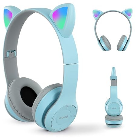 Cliplanyard Kids Wireless Headphones with Cat Ears, Foldable Wireless Headphone LED Light Up, Over Ear Headsets for Boys Girls Adults with Stereo Sound FM Radio TF Card (Blue White)
