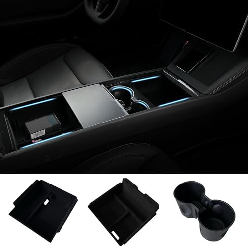 Ywooon Console Centrale Organisateur Plateau pour Tesla Model 3 Highland 2024 2025 et Model Y 2025 Juniper Porte-gobelet Mise à Niveau Flocage Accoudoir Boîte de Rangement Accessoires Intérieurs,3 PCS