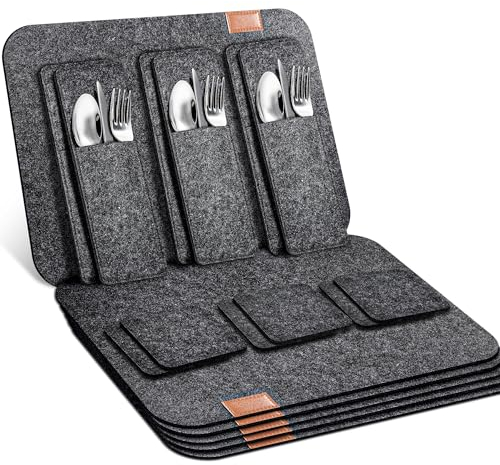 Tischset aus Filz 18er Set, 6 Tischsets Abwaschbar Platzsets Hitzebeständig rutschfest Platzdeckchen mit 6 Untersetzer 6 BestecksäCken für Küche Speisetisch, 41x30 cm 【Anthrazit】