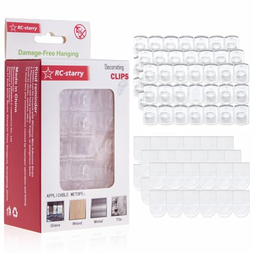 RcStarry 60 mini ganchos de decoración transparentes con tiras adhesivas, mini ganchos de pared extraíbles para colgar luces de cadena, clips sin daños para decoración de interiores y exteriores