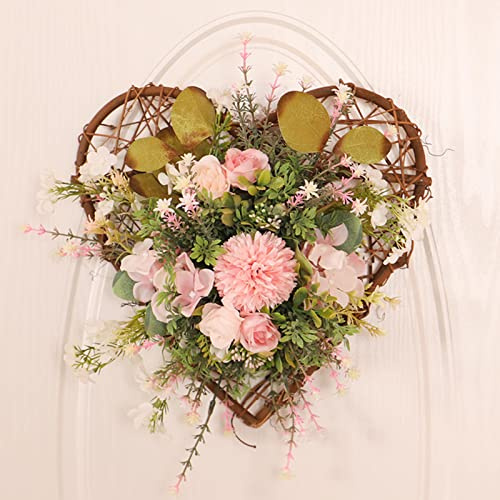 Monozoz Frühlingskranz für Tür, künstliche Seidenblumenkränze in Herzform mit Eukalyptus und Rattan, Frühlingskränze mit Chrysantheme und Eukalyptus, Kränze, 30 cm