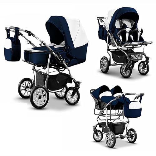 Elcar Zwillingskinderwagen 4-in-1 City Twin inkl. Autositze - 15 Teile - in Weiß-Navy