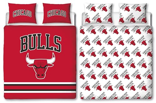 NBA Offizielles Doppel-Bettwäsche-Set, Chicago Bulls Design, wendbar, 2-seitig, roter Bettbezug, offizielles Basketball-Merchandise-Produkt, inklusive passenden Kissenbezügen, Doppelbett-Set,