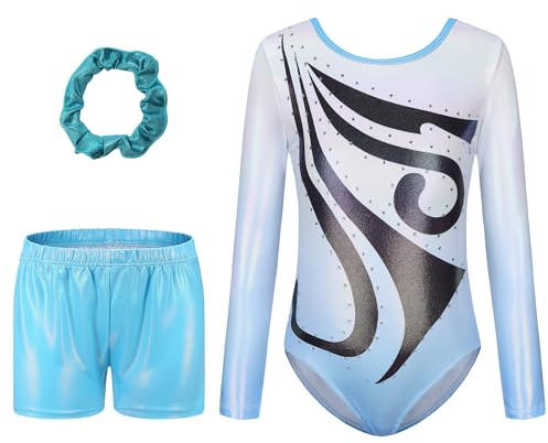 SEAUR Kinder Turnanzug Gymnastik Trikot Klassisch Mädchen Tanz Gymnastik Glitzer Training Training Dancewear für Performance Blau 11-12